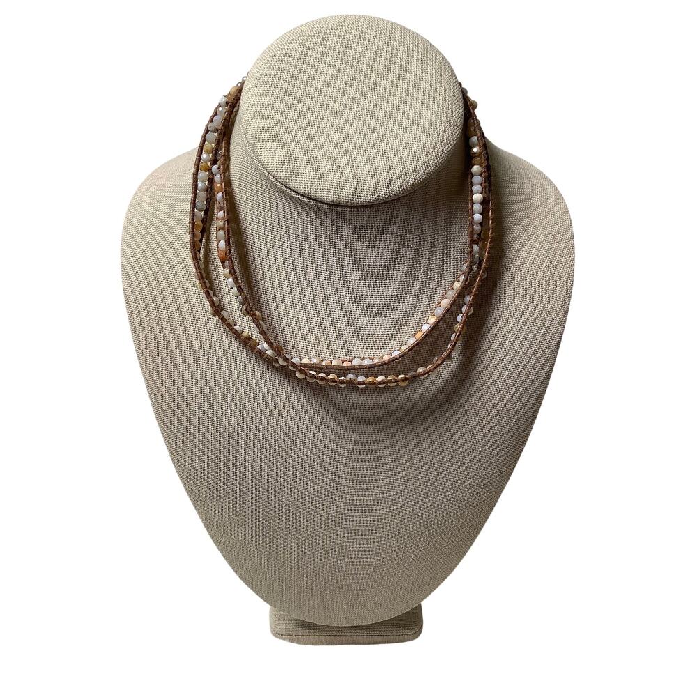 Chan Luu Brown Leather Wrap Long Beaded Necklace Bracelet Boho Designer C2-9
